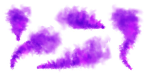 Violet colorful smoke clouds isolated on white background, realistic mist effect, fog. Vapor in the air, steam flow. Vector illustration
