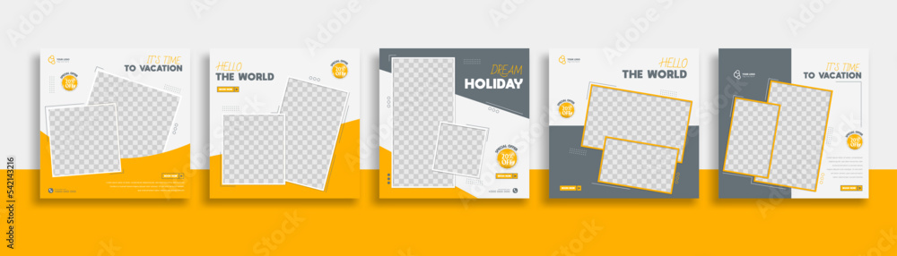 Wall mural travel set of editable minimal square banner template. green yellow white background color with geom