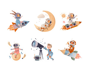 Cute kids astronauts in space suits in outer space set. Children dreaming about future profession vector illustration