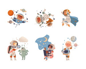Cute kids astronauts in space suits floating in outer space set. Boys and girls dreaming about future profession vector illustration © Happypictures