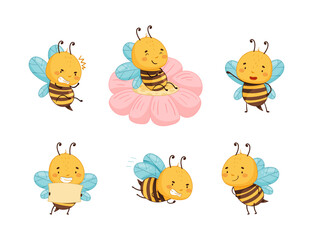 Cute funny honey bee in everyday activities set. Beekeeping and apiculture cartoon vector illustration