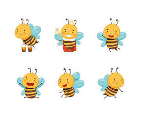 Cute happy funny honey bees set. Beekeeping and apiculture cartoon vector illustration