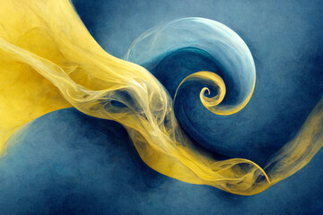 Blue and yellow swirling fluid art abstract background. 2d illustration