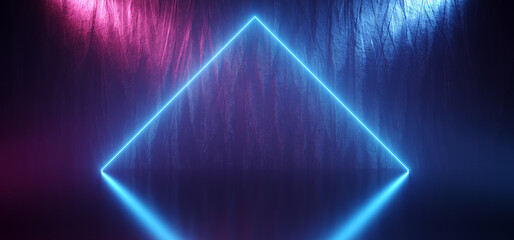Neon leuchtende Laser Blue Triangle Purple Spotlights zeigen Star Club Dance Podium Grunge Glossy Stage mit Rock Underground Wall 3D Rendering