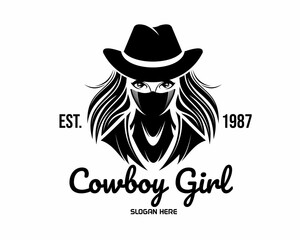 Woman in cowboy hat. Cowboy girl riding horse with lasso. Hand drawn vector illustration. Illustration. on a white background