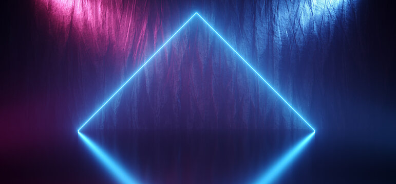 Neon Glowing Laser Blue Triangle Purple Spotlights Show Star Club Dance Podium Grunge Glossy Stage With Rock Underground Wall 3D Rendering