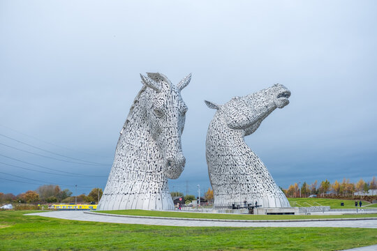 Falkirk, Scotland - 6 November 2017: The Kelpies, horse-head sculptures on Forth and Clyde Canal, and near River Carron, in The Helix.