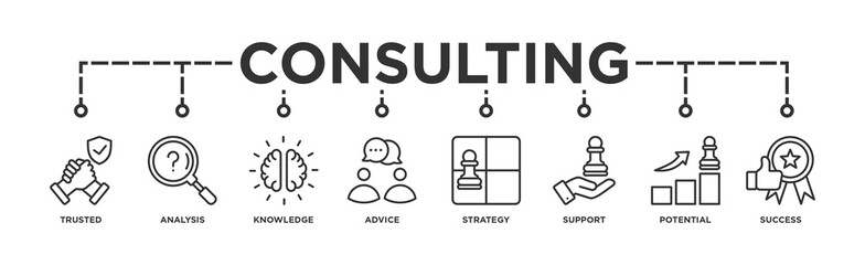 Consulting banner web icon vector illustration concept for business consultation with an icon of Trusted, Analysis, Knowledge, Advice,Strategy, Support, Potential, and Success