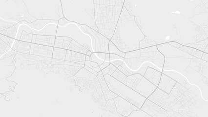 White and light grey Skopje city area vector background map, roads and water illustration. Widescreen proportion, digital flat design.