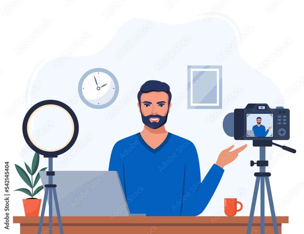 Poster man blogger records himself on video using a camera and a circle light lamp. vector character influe