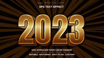 Happy New Year 2023 text effect golden. Burning sparkling text 2023 isolated on black background abstract cartoon style.