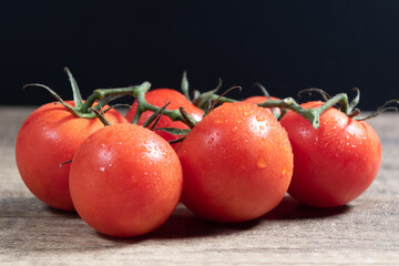 red tomatoes on a vine with water droplets