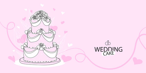 Wedding cake with rose outlines illustration in the style of drawing a continuous line, black linear design