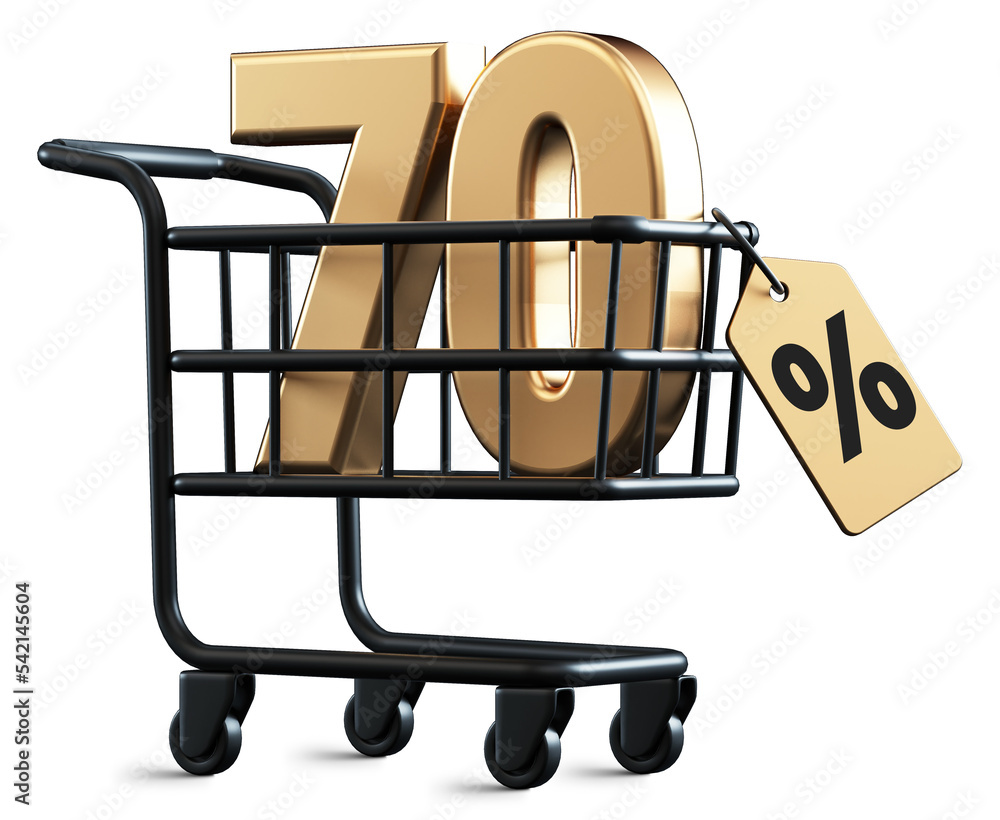 Poster shopping cart with 70 percent discount 3d rendering number isolated with transparent background