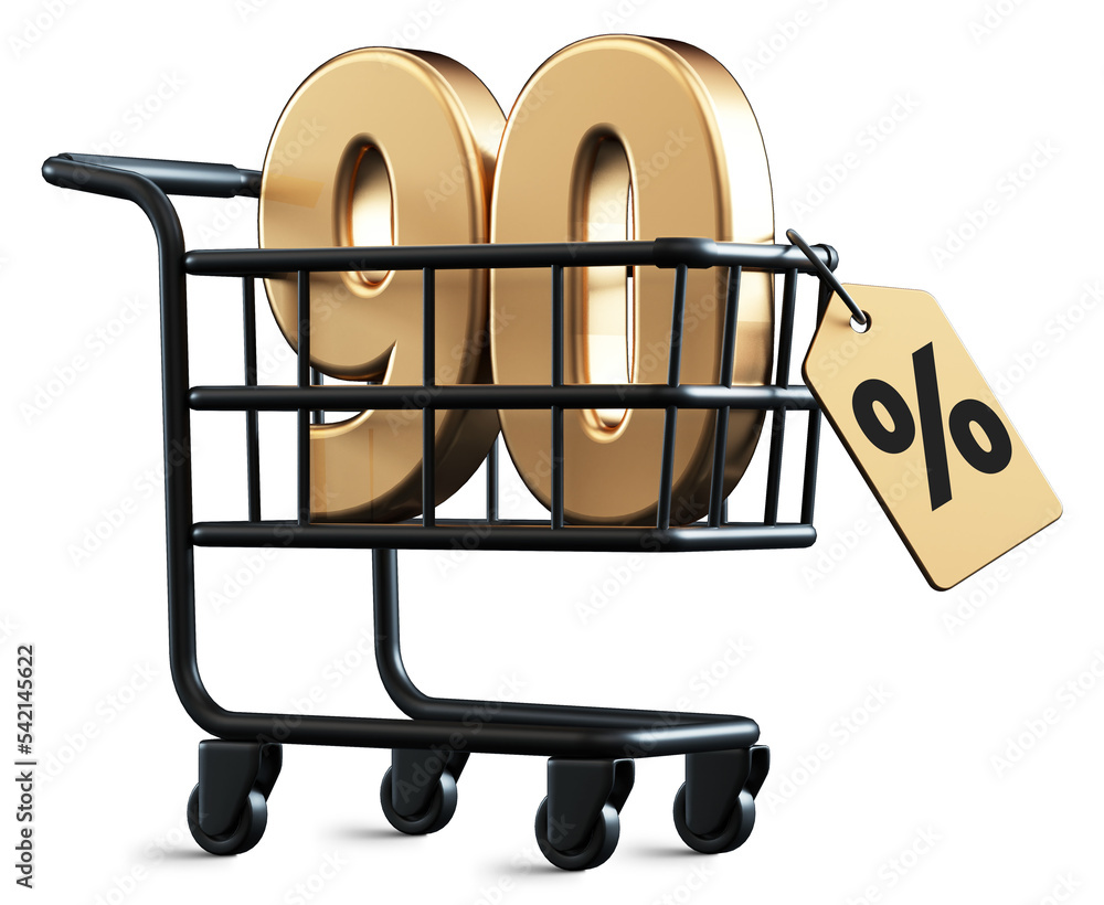 Aufkleber shopping cart with 90 percent discount 3d rendering number isolated with transparent background