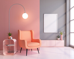 living room with minimal interior design and armchair, sideboard and picture frame, pattern arch color wall and pink wall.3d rendering
