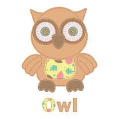 Vector patchwork pattern with an owl. Cute vector cartoon owl.  Baby Shower, greeting, holiday and invitation card. Applique with an owl. Vector baby patchwork illustration.  For print, web design. 