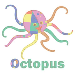 Patchwork vector drawing with an octopus. Cute vector cartoon octopus.  Baby Shower, greeting, holiday and invitation card. Applique with octopus. Vector baby patchwork illustration. Print, web design