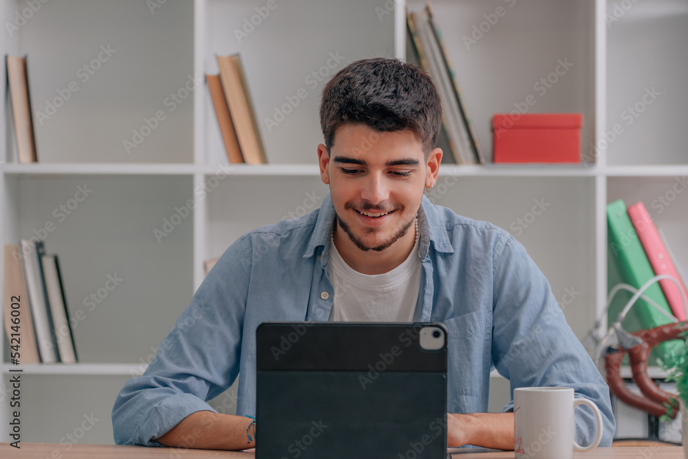 Sticker student at desk studying with laptop