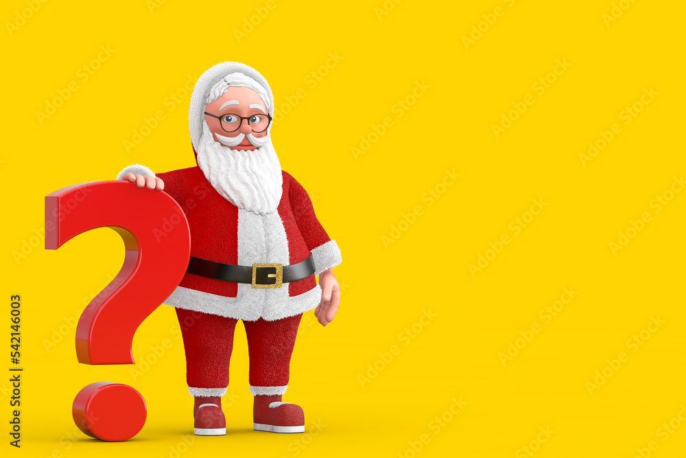 Poster cartoon cheerful santa claus granpa with red question mark sign. 3d rendering