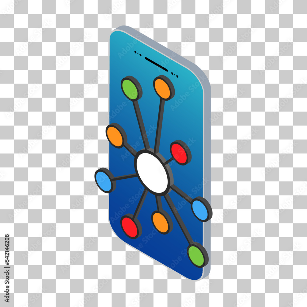 Poster hub isometric network icon, connect structure vector symbol isolated background, technology system