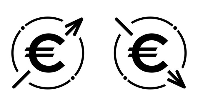 Set of cost symbol euro increase and decrease icon. Money vector symbol isolated on background