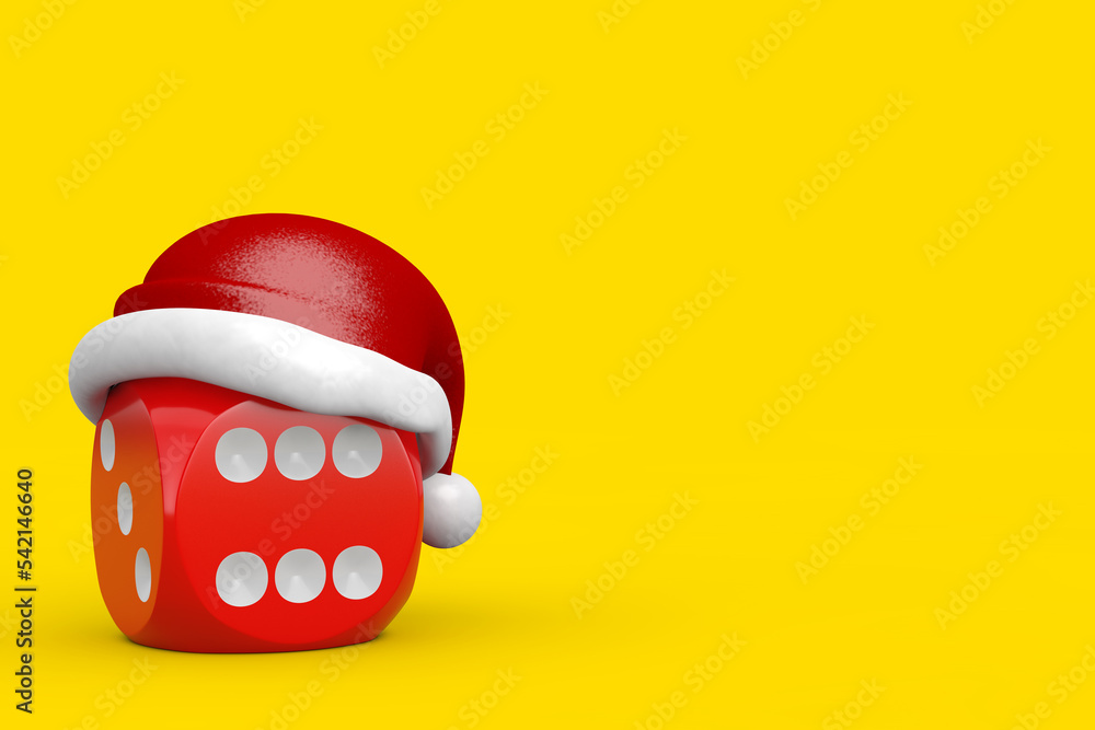 Fototapete red game dice cube with red santa claus hat. 3d rendering