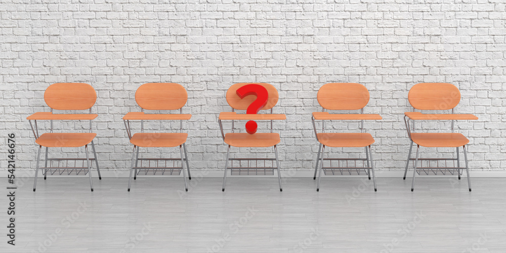 Aufkleber Row of Wooden Lecture School or College Desk Table with Chair and one with Red Question Mark. 3d Rendering
