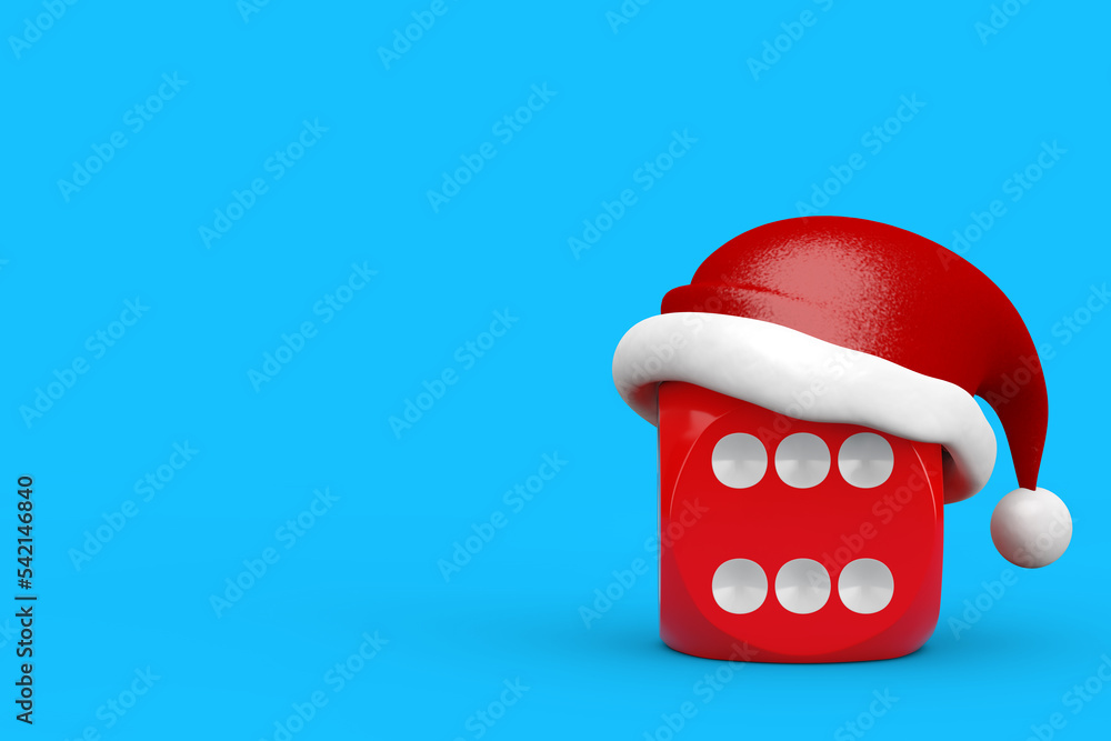 Fototapete red game dice cube with red santa claus hat. 3d rendering