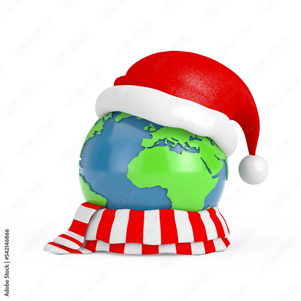 Poster earth globe with red santa hat and scarf. 3d rendering