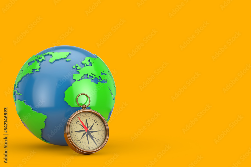 Poster earth globe and glossy bronze vintage compass with windrose. 3d rendering