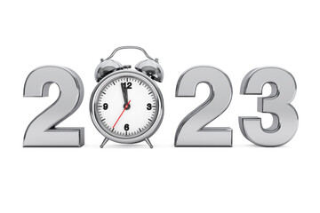New Year 2023 concept. 2023 Steel Sign with Alarm Clock. 3d Rendering