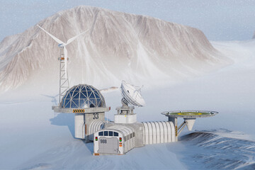 Modern Remote Antarctic Research Polar Station on the Mountains Background. 3d Rendering - obrazy, fototapety, plakaty