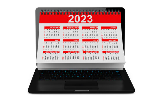 2023 Year Calendar over Laptop Screen. 3d Rendering