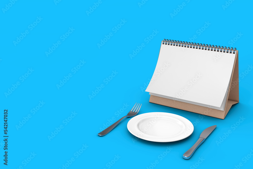 Aufkleber Blank Desk Calendar near Fork, Knife and Empty Plate. 3d Rendering