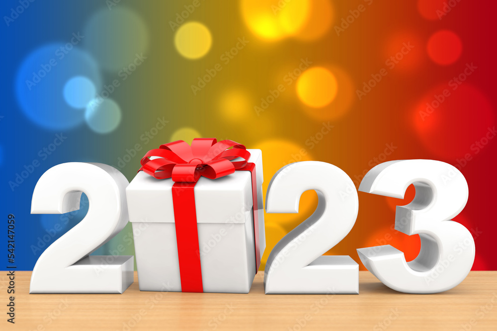 Aufkleber 2023 new year sign with gift box and red ribbon. 3d rendering