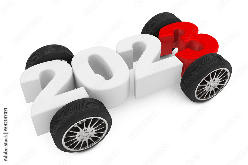 Aufkleber 2023 year concept with car wheels. 3d rendering