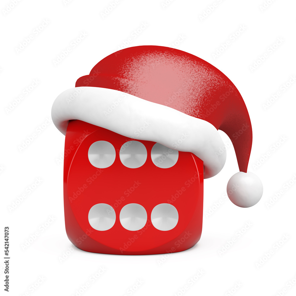 Fototapete red game dice cube with red santa claus hat. 3d rendering