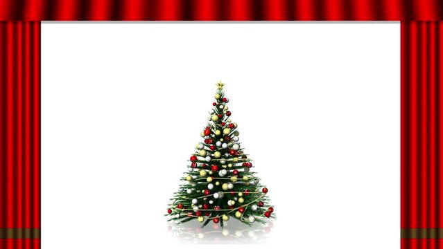 Filmato. Illustrazione 3D. Natale. Sipario rosso si apre e scopre albero di Natale decorato e illuminato.