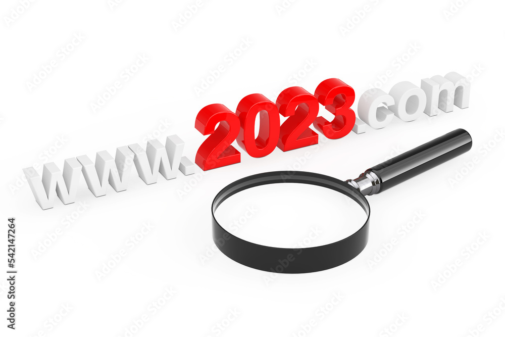 Poster 2023 New Year Concept. WWW 2023 Com Site Name with Magnifying Glass. 3d Rendering