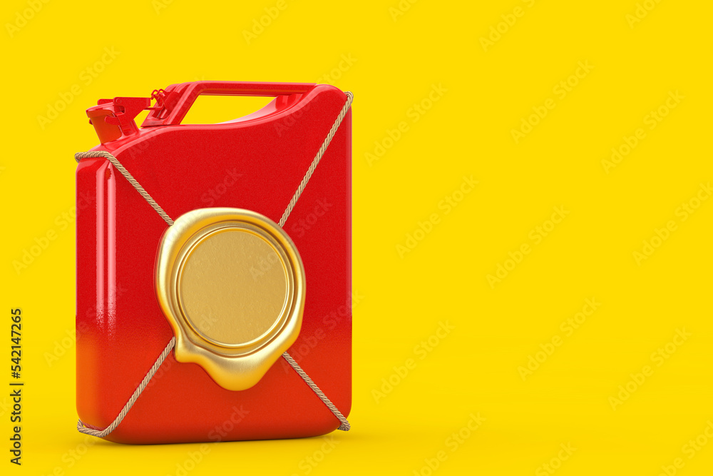 Poster red metal jerrycan with golden wax seal with free space for your design. 3d rendering