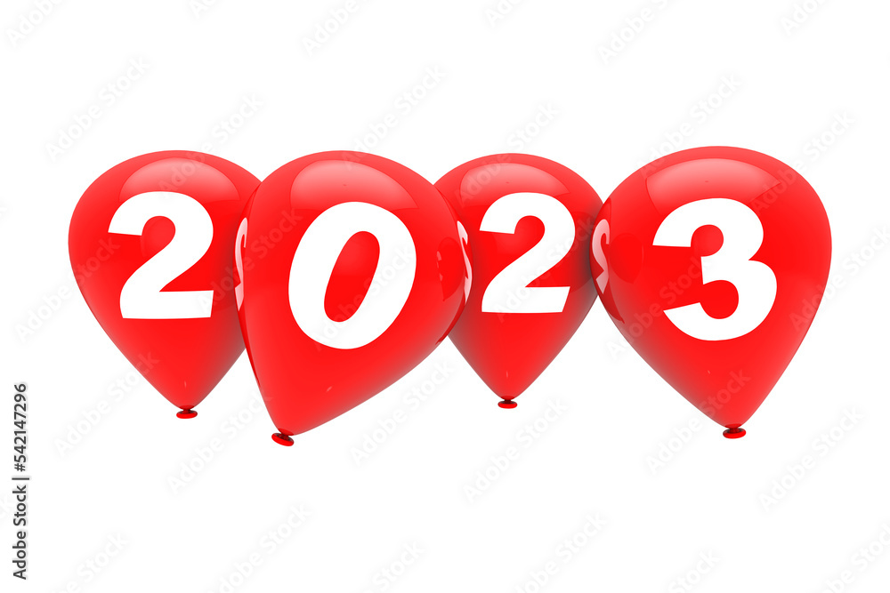 Poster new year concept. red christmas balloons with 2023 sign. 3d rendering