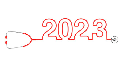 Red Stethoscope Tubing Forming New 2023 Year Sign. 3d Rendering