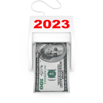 Make Money in 2023 New Year Concept. Money Maker 2023 New Year Machine with Dollars Banknote. 3d Rendering