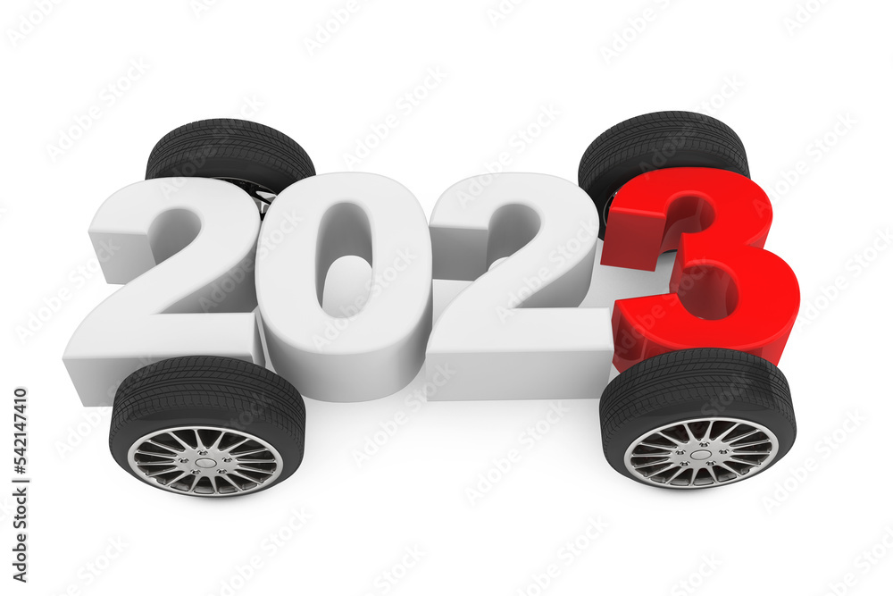 Poster 2023 Year Concept with Car Wheels. 3d Rendering