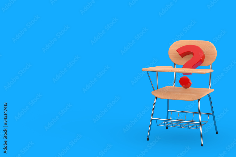 Aufkleber Red Question Mark and Wooden Lecture School or College Desk Table with Chair. 3d Rendering