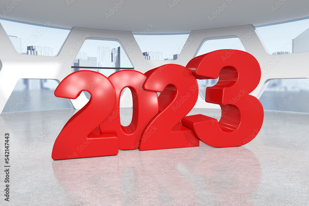 Poster red new 2023 year sign in abstract bright office meeting room. 3d rendering