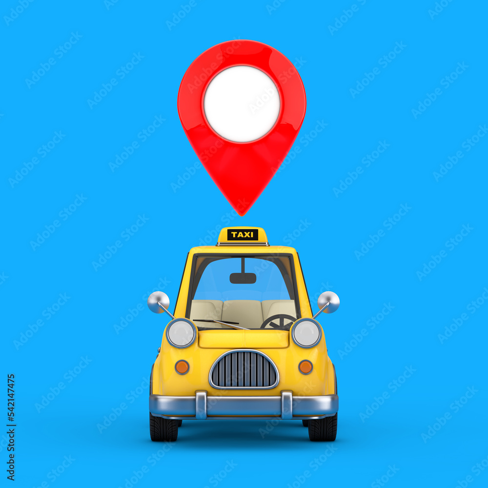 Fototapete yellow cartoon taxi car with red map pointer pin. 3d rendering