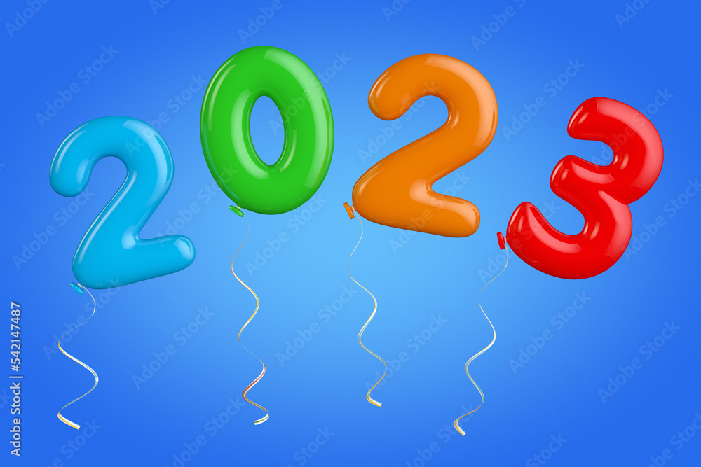 Poster multicolour balloons as 2023 new year sign. 3d rendering