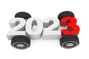 2023 Year Concept with Car Wheels. 3d Rendering